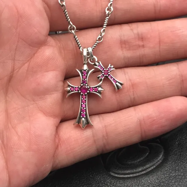 Chrome Hearts Double Cross Collier de Gemme Rose 2