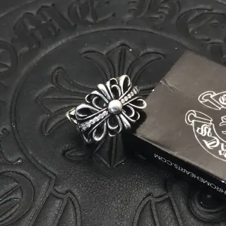 Chrome Hearts Floral Cross Pavé Crystal Silver Ring