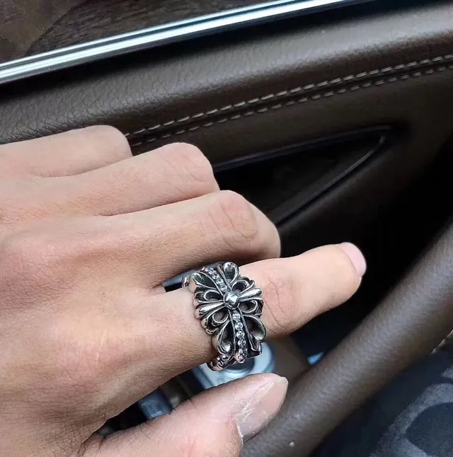 Chrome Hearts Floral Cross Pavé Crystal Silver Ring 3