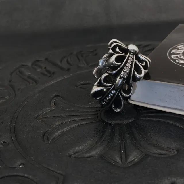 Chrome Hearts Floral Cross Pavé Crystal Silver Ring 7