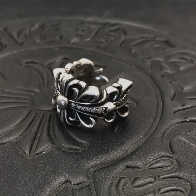 Chrome Hearts Floral Cross Pavé Crystal Silver Ring 8