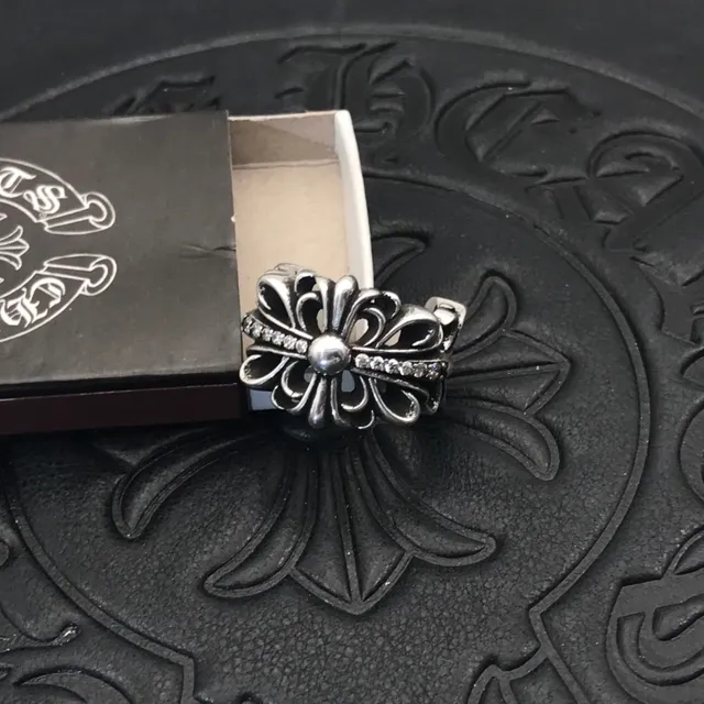Chrome Hearts Floral Cross Pavé Crystal Silver Ring 9