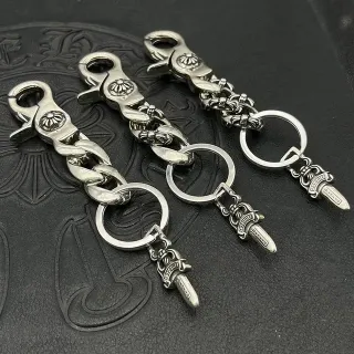 Chrome Hearts Sword Pendant Keychain Silver Polished Metal Curb Chain Link Bracelet