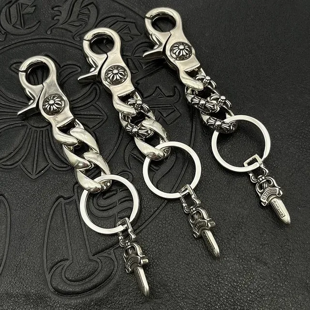 Chrome Hearts Porte-clés Pendentif d'Épée Argent Métal Poli Chaîne Curb Bracelet Lien 6