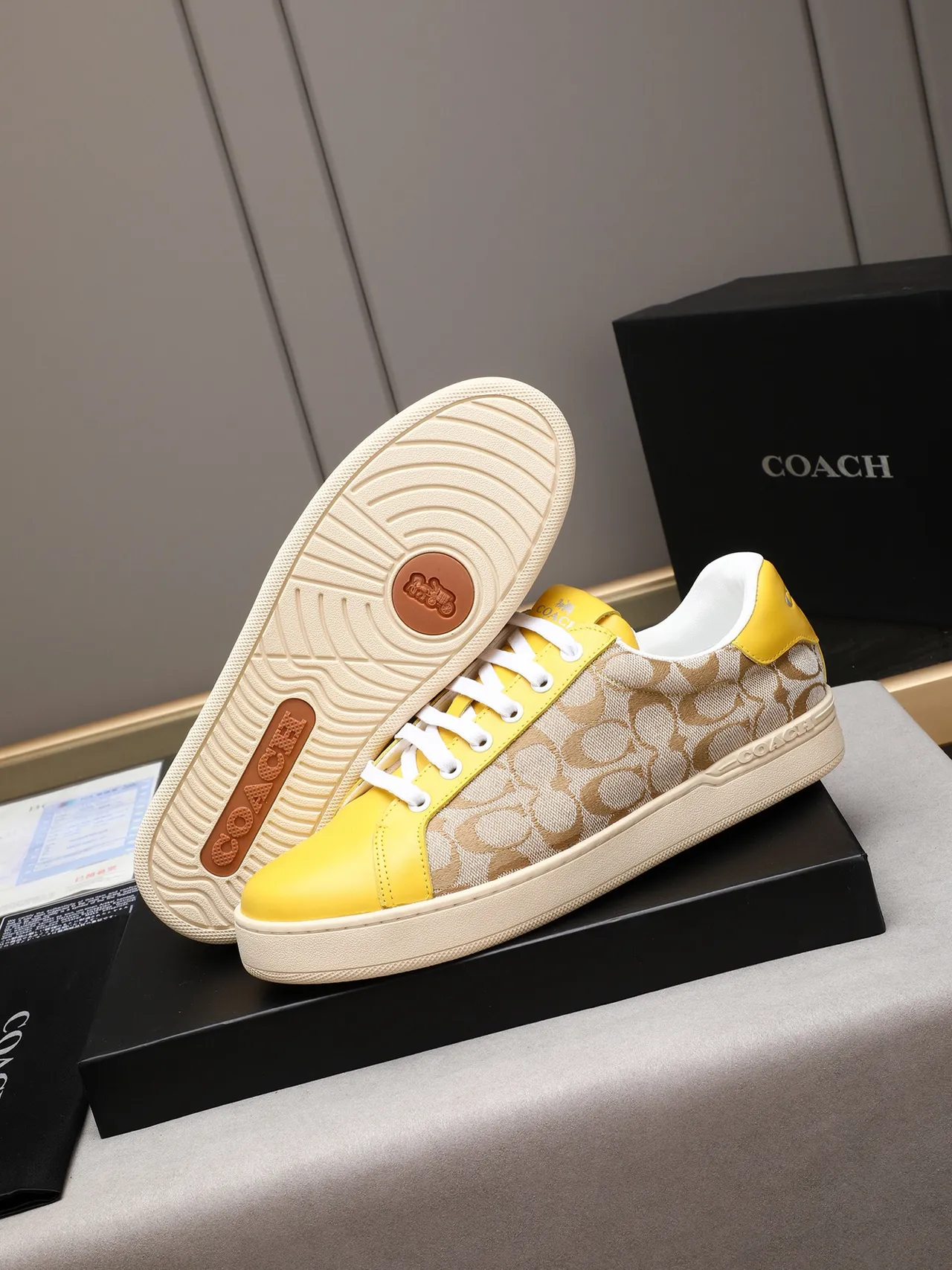 Coach Yellow Beige Low-Top Canvas-and-Leather Panelled Lifestyle Sneakers 5