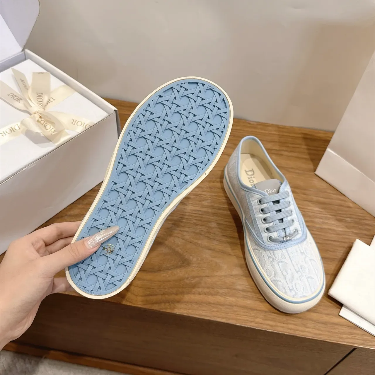 Dior B22 Blue Beige Canvas Upper Monogram Jacquard Pattern Lifestyle Sneakers 3