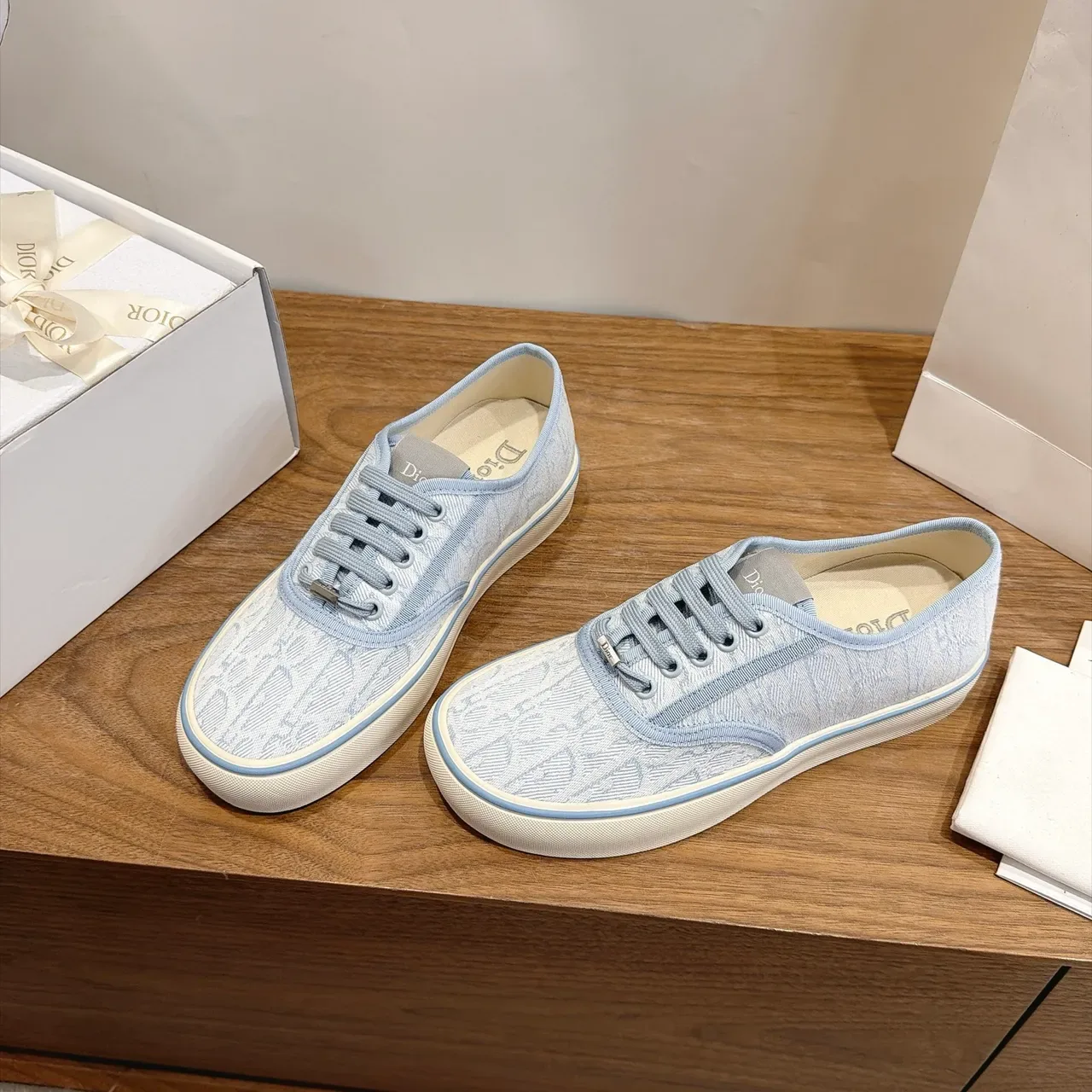 Dior B22 Blue Beige Canvas Upper Monogram Jacquard Pattern Lifestyle Sneakers 5