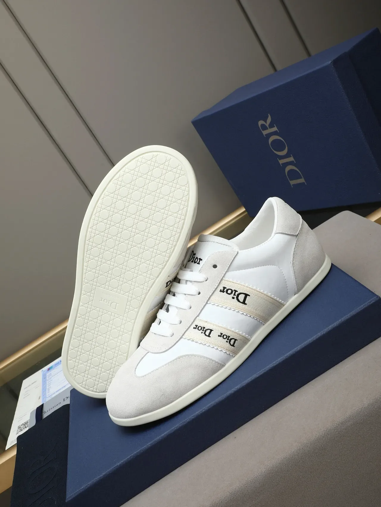 Dior B27 White and Beige Logo-Striped Lifestyle Sneakers 4