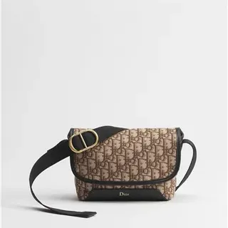 Dior Beige Black Monogram Canvas Leather Trim Saddle Bag