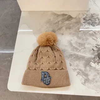 Dior Beige Brown Cable-Knit Pom-Pom Topped Beanie