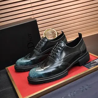 Dior Black Blue Polished Leather Iridescent Teal-Green Patina Brogue
