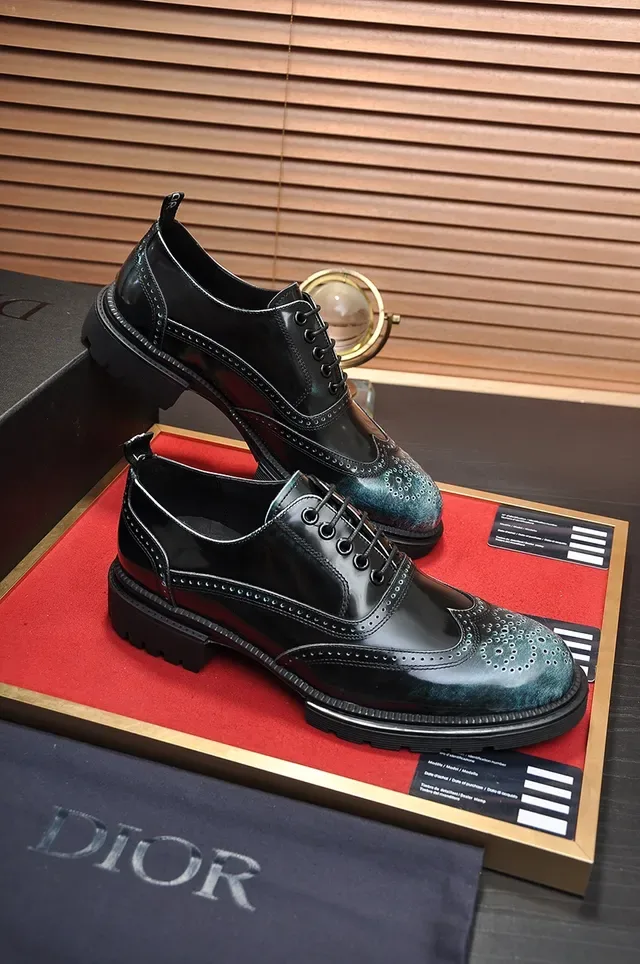 Dior Black Blue Polished Leather Iridescent Teal-Green Patina Brogue 4