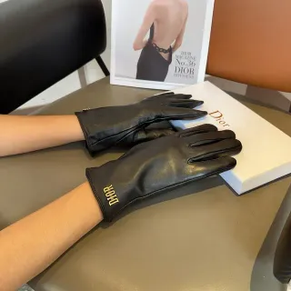 Dior Black Gold Smooth Logo Embroidery Leather Gloves