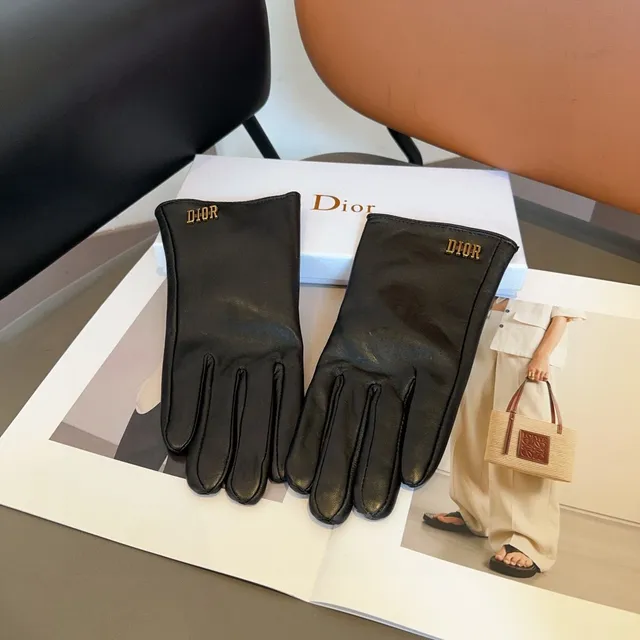 Dior Black Gold Smooth Logo Embroidery Leather Gloves 2