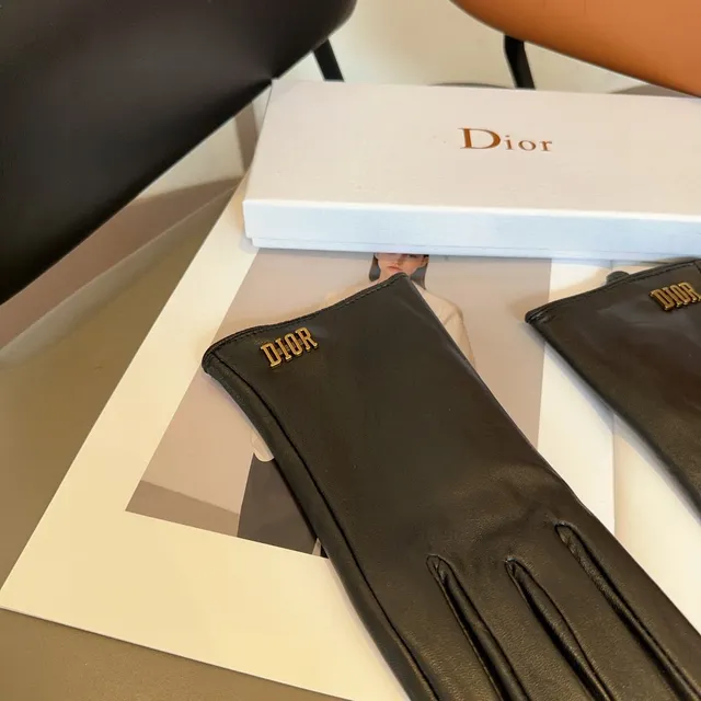 Dior Black Gold Smooth Logo Embroidery Leather Gloves 3