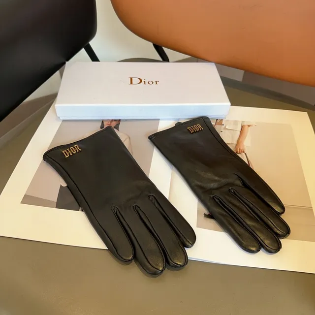 Dior Black Gold Smooth Logo Embroidery Leather Gloves 4