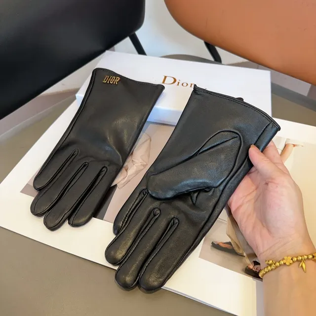 Dior Black Gold Smooth Logo Embroidery Leather Gloves 5