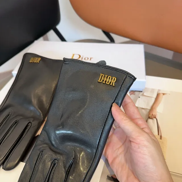 Dior Black Gold Smooth Logo Embroidery Leather Gloves 6