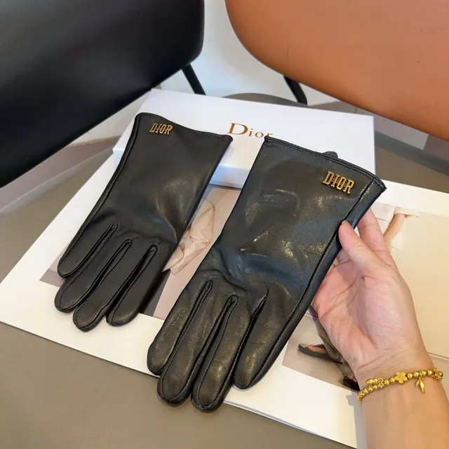 Dior Black Gold Smooth Logo Embroidery Leather Gloves 7