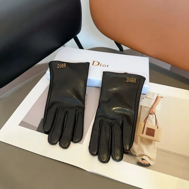 Dior Black Gold Smooth Logo Embroidery Leather Gloves 8