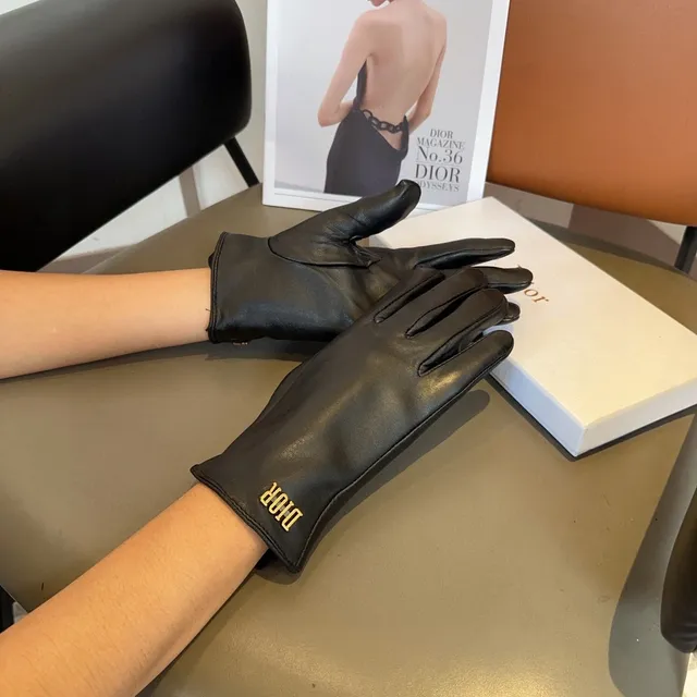 Dior Black Gold Smooth Logo Embroidery Leather Gloves 9