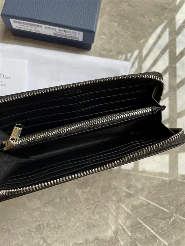 Dior Black Silver Pebbled Leather Zip-Around Long Wallet 4