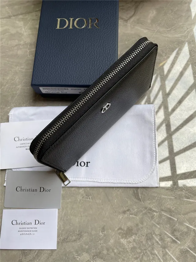 Dior Black Silver Pebbled Leather Zip-Around Long Wallet 5