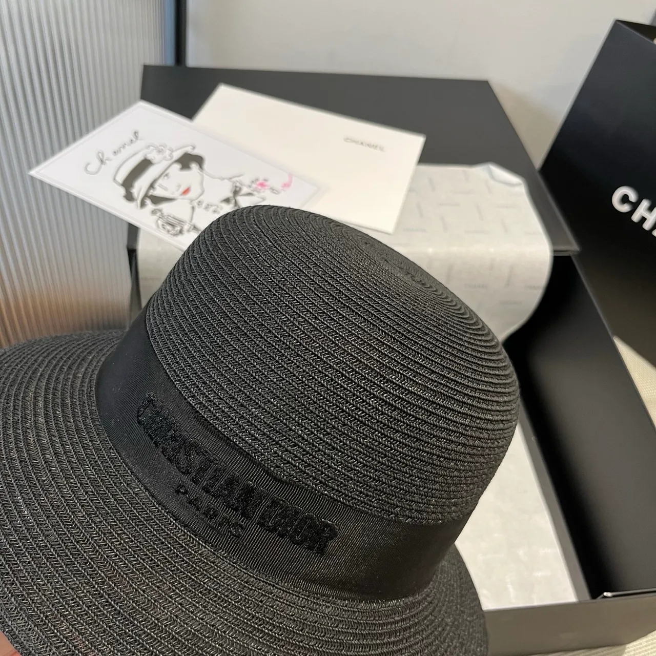 Dior Black Woven Straw-Like Texture Pinched Crown Fedora 2