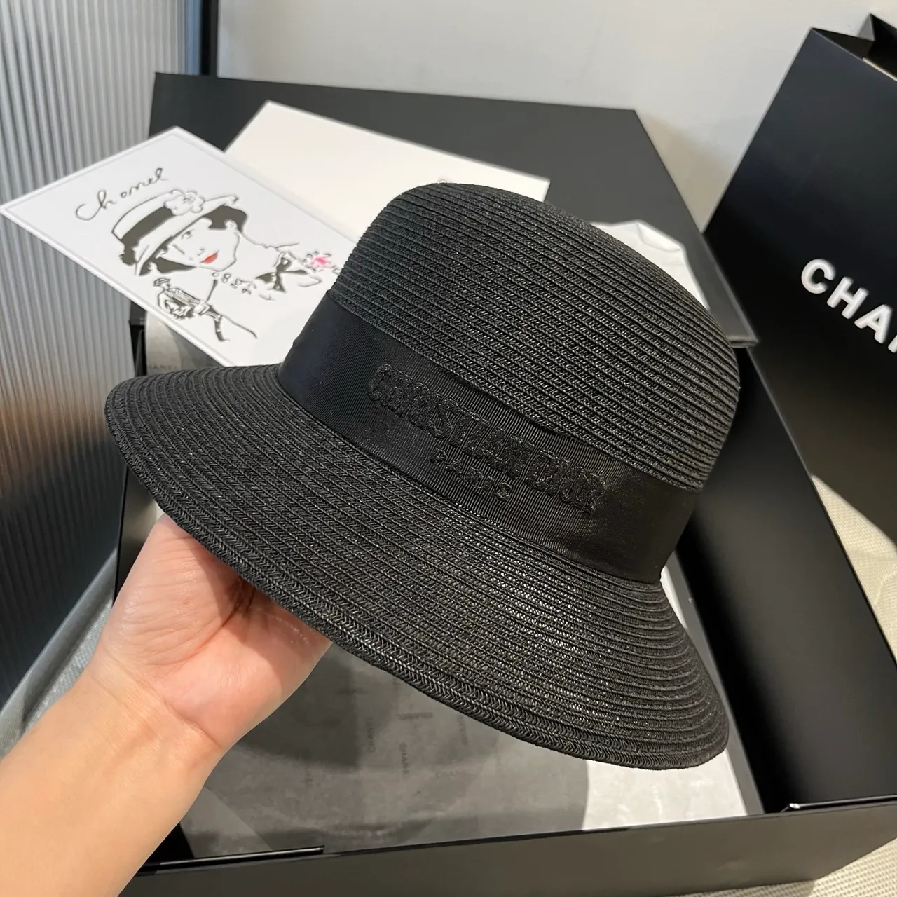 Dior Black Woven Straw-Like Texture Pinched Crown Fedora 4