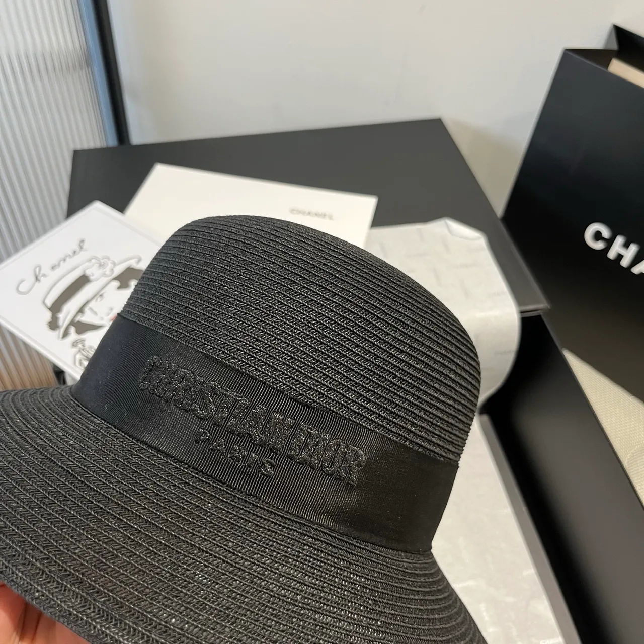 Dior Black Woven Straw-Like Texture Pinched Crown Fedora 6