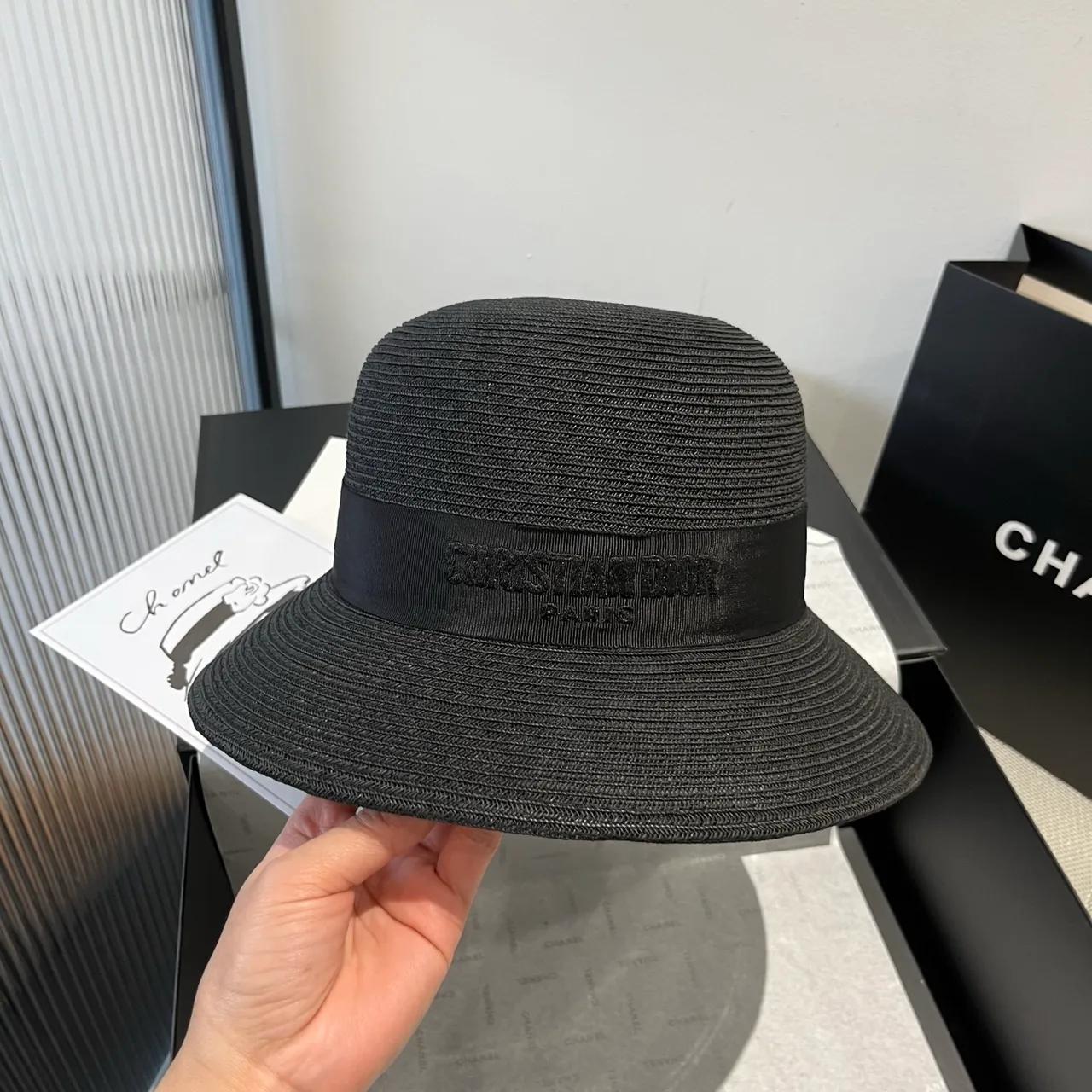 Dior Black Woven Straw-Like Texture Pinched Crown Fedora 8