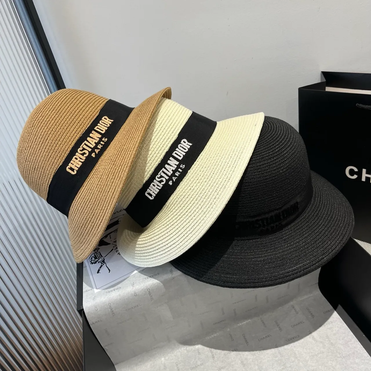 Dior Black Woven Straw-Like Texture Pinched Crown Fedora 10