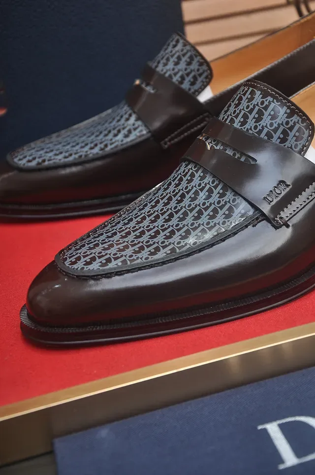 Dior Brown Black Polished Leather Monogrammed Textile Vamp Loafer 2