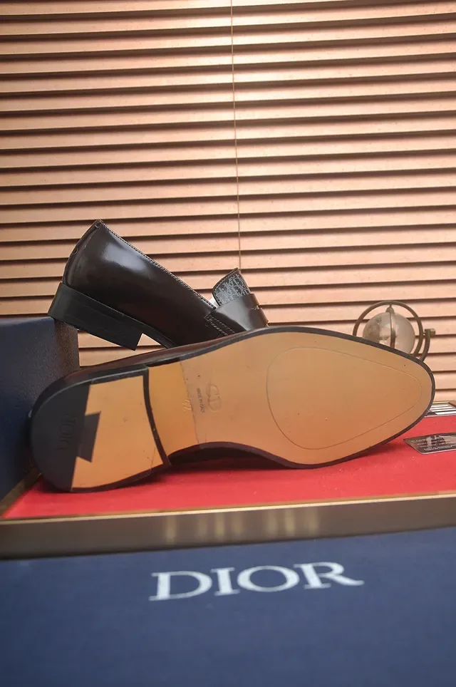 Dior Brown Black Polished Leather Monogrammed Textile Vamp Loafer 3