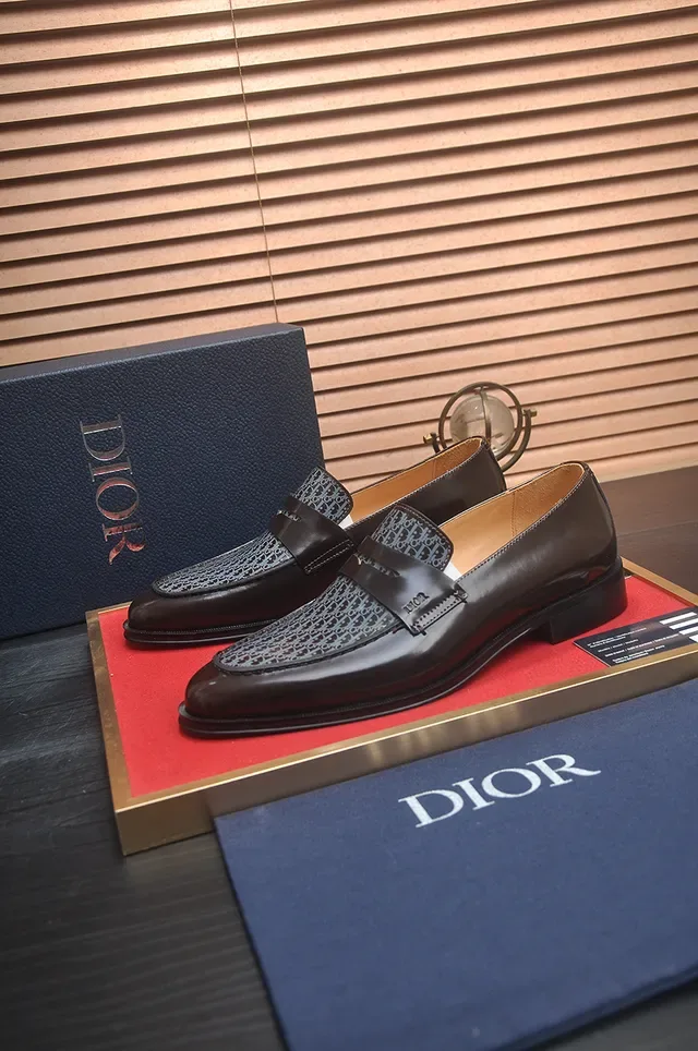 Dior Brown Black Polished Leather Monogrammed Textile Vamp Loafer 4