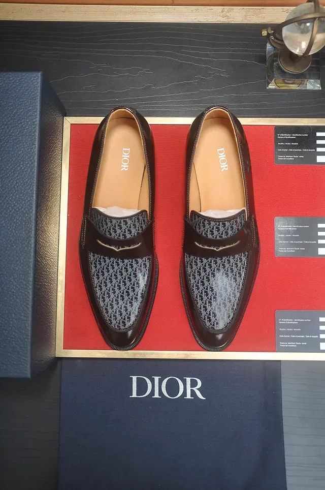 Dior Brown Black Polished Leather Monogrammed Textile Vamp Loafer 5