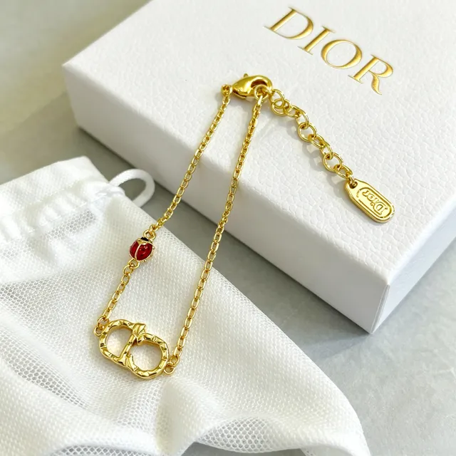 Dior CD Icon Gold Red Chain Interlocking Logo Pendant Bracelet 7