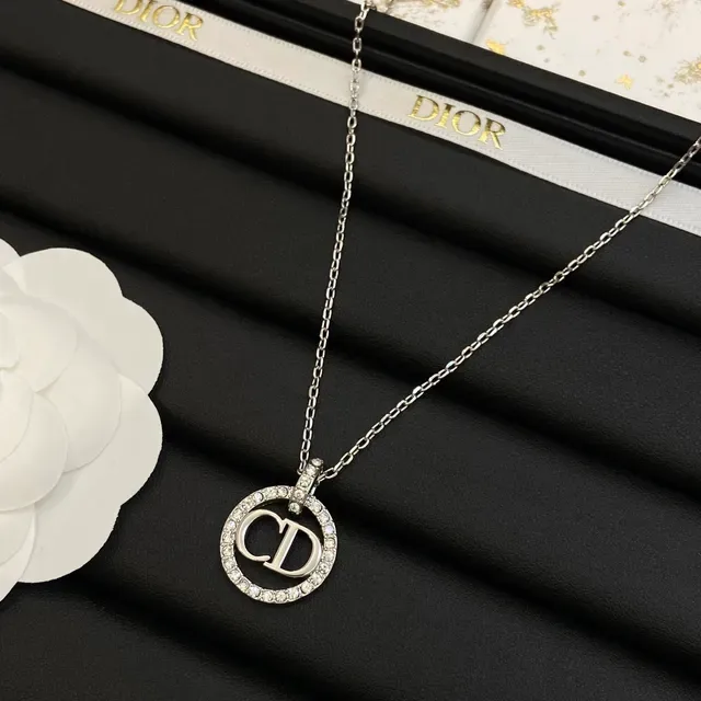 Dior CD Icon Silver White Crystal-Pavé Circle Monogram Necklace 4