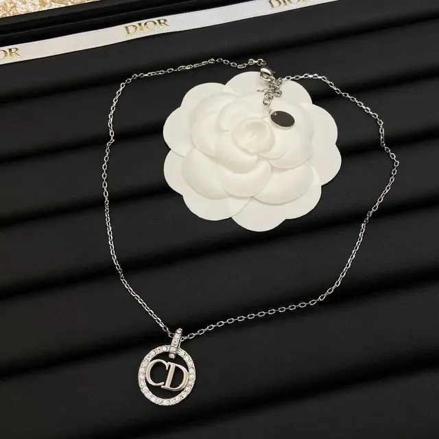 Dior CD Icon Silver White Crystal-Pavé Circle Monogram Necklace 7