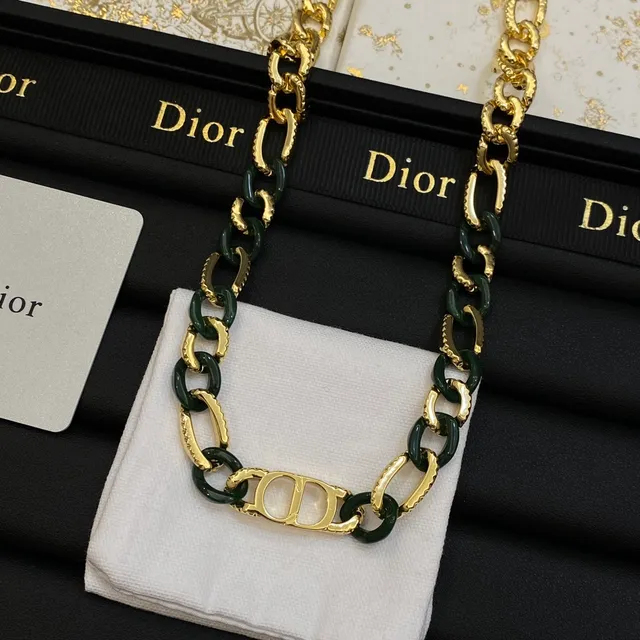 Dior CD Link Gold Green Chain Monogram Medallion Necklace 5