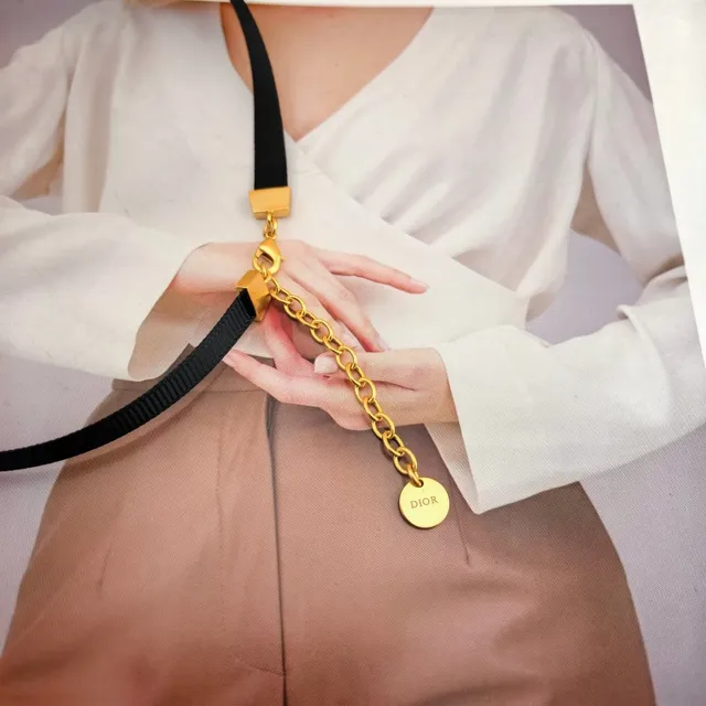 Dior Dio(r)evolution Black Gold Woven Ribbon Strap Metallic Lettering Pendant Necklace 3