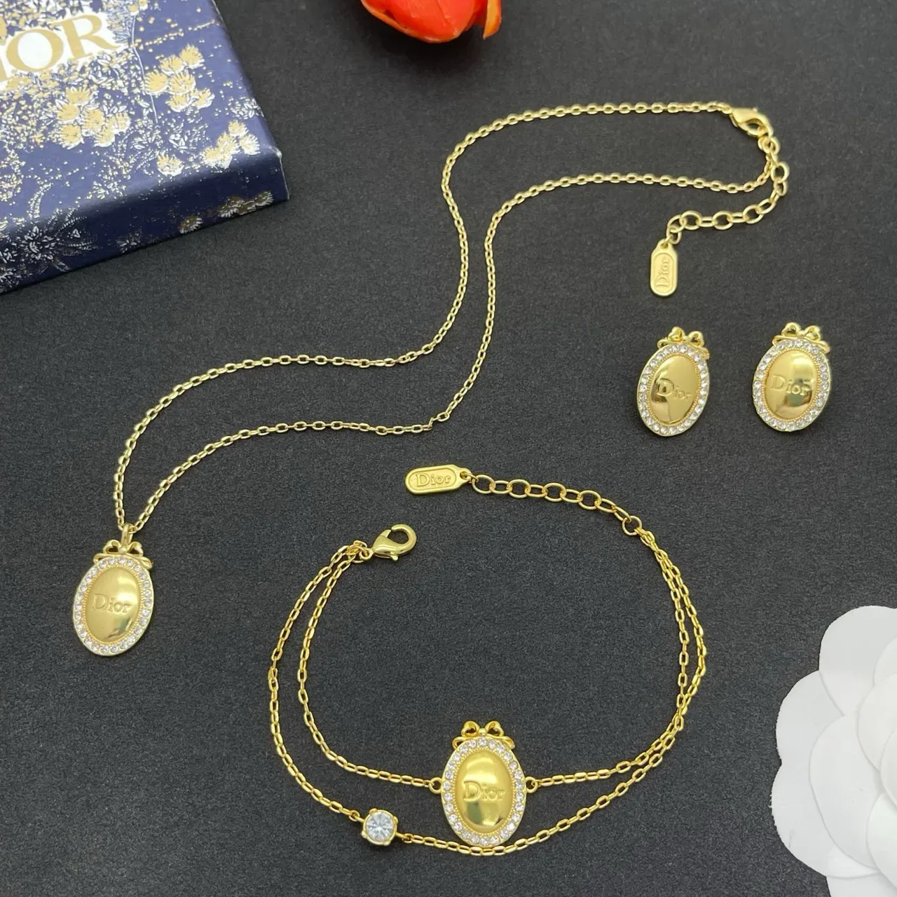 Dior Gold Silver Chain Oval Medallion Pendant Necklace 2