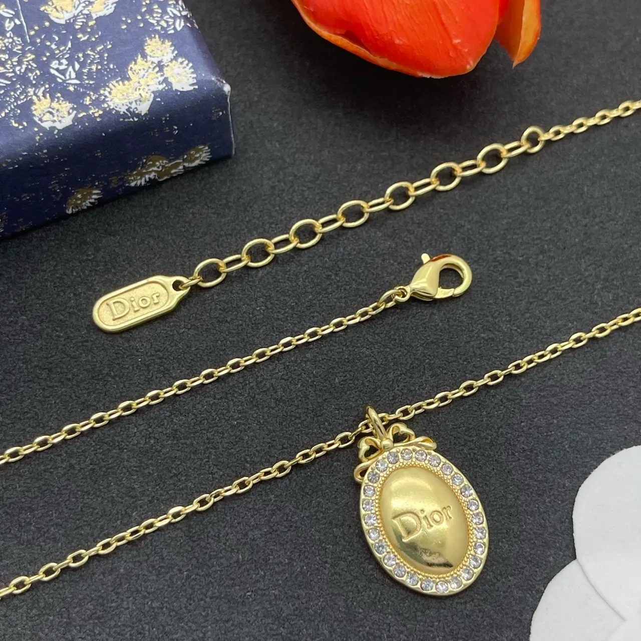 Dior Gold Silver Chain Oval Medallion Pendant Necklace 4