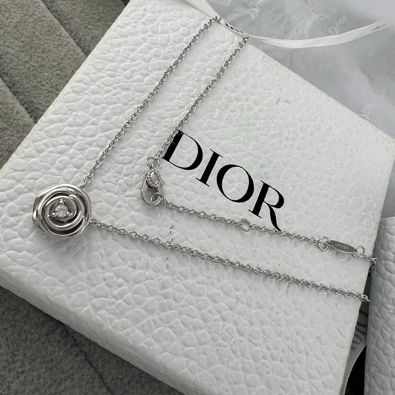 Dior Gold Silver Rose-Shaped Spiral Pendant Central Round Stone Necklace 4
