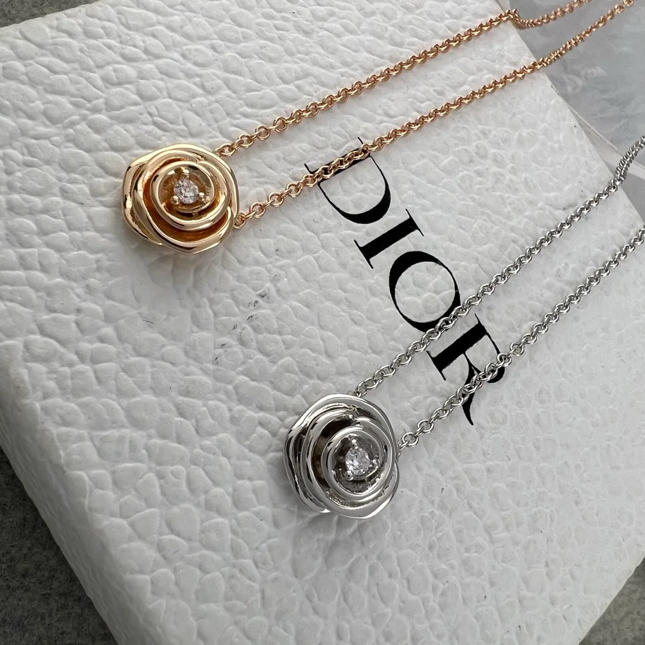 Dior Gold Silver Rose-Shaped Spiral Pendant Central Round Stone Necklace 6