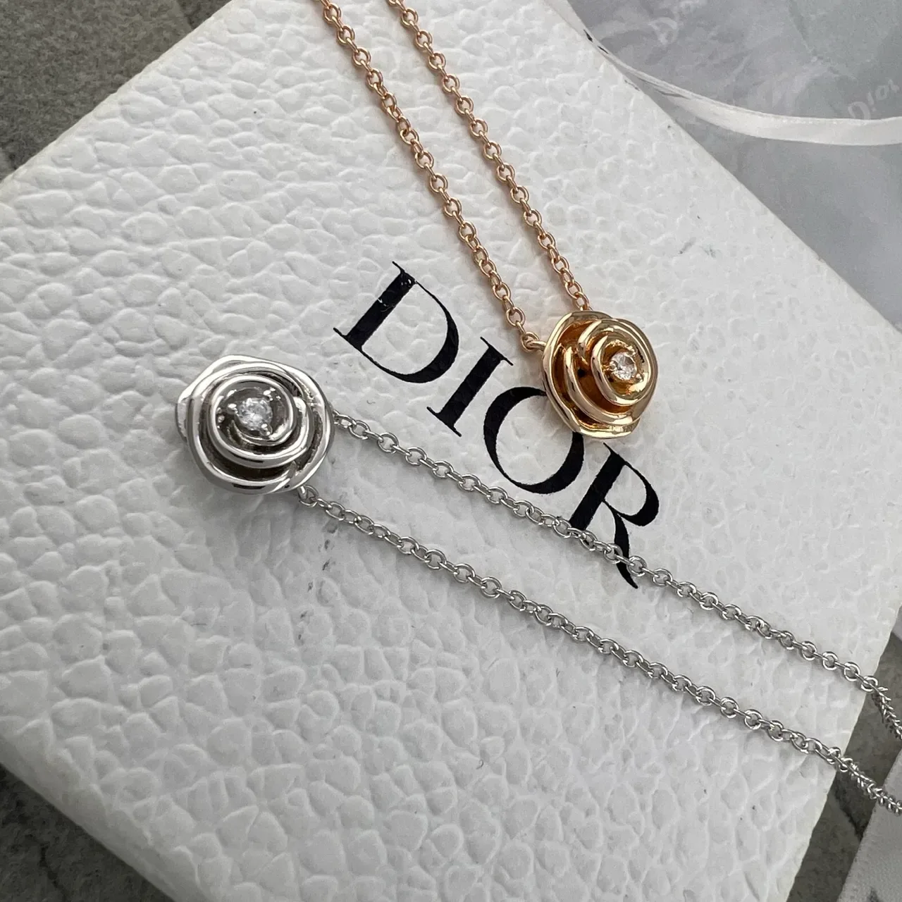 Dior Gold Silver Rose-Shaped Spiral Pendant Central Round Stone Necklace 7