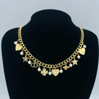 Collier Dior Chaîne Curb Chain Multi-Charm Pendentif Or Blanc
