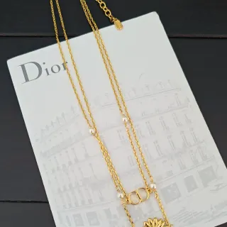 Dior Gold White Multi-Strand Chain Pearl Accents Necklace