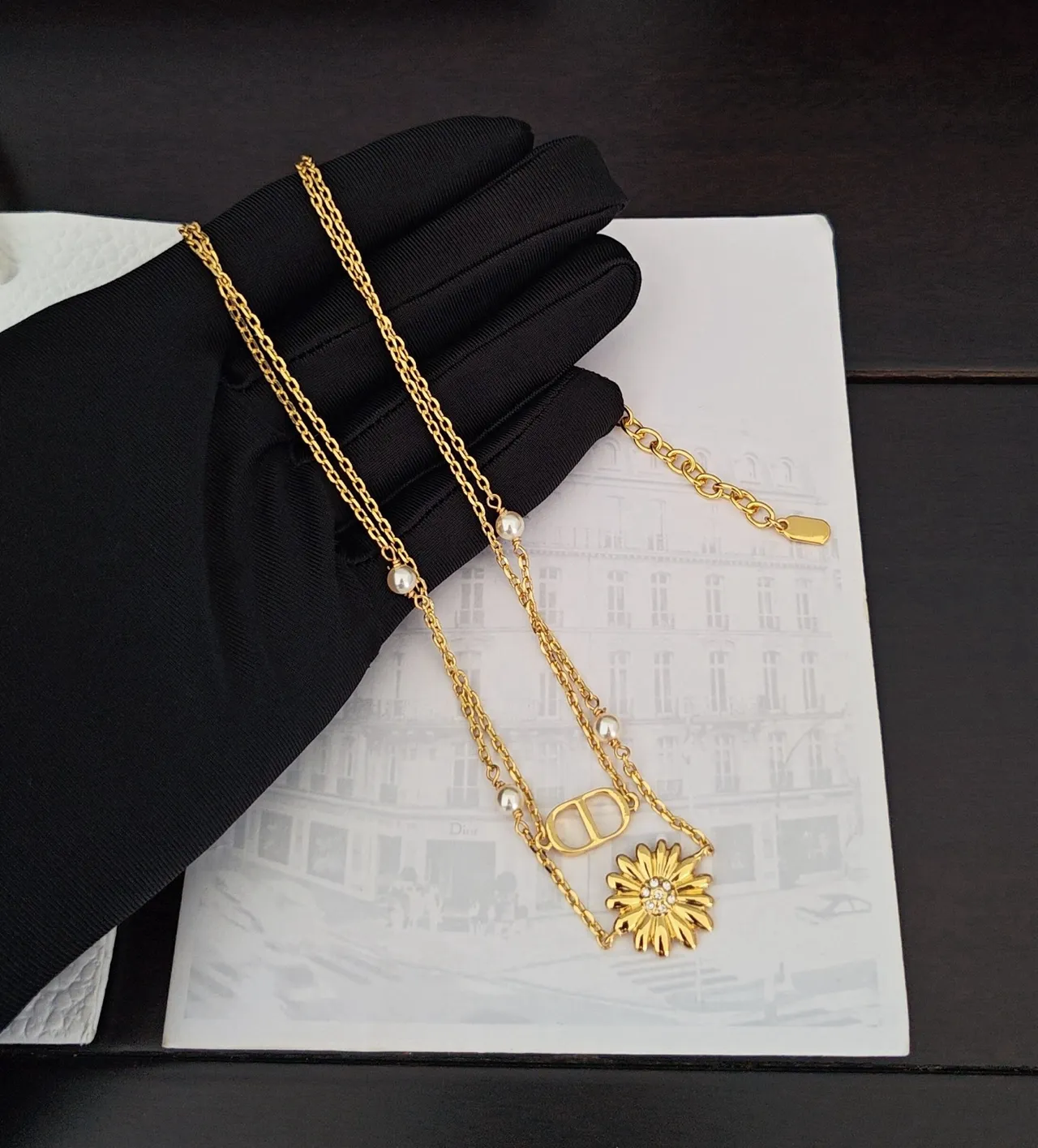 Dior Gold White Multi-Strand Chain Pearl Accents Necklace 4