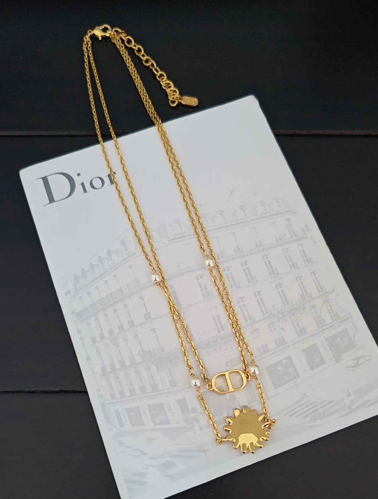 Dior Gold White Multi-Strand Chain Pearl Accents Necklace 2